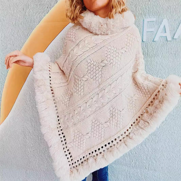 Damen Strickponcho mit dekorativem Kragen und gefüttertem Saum WW