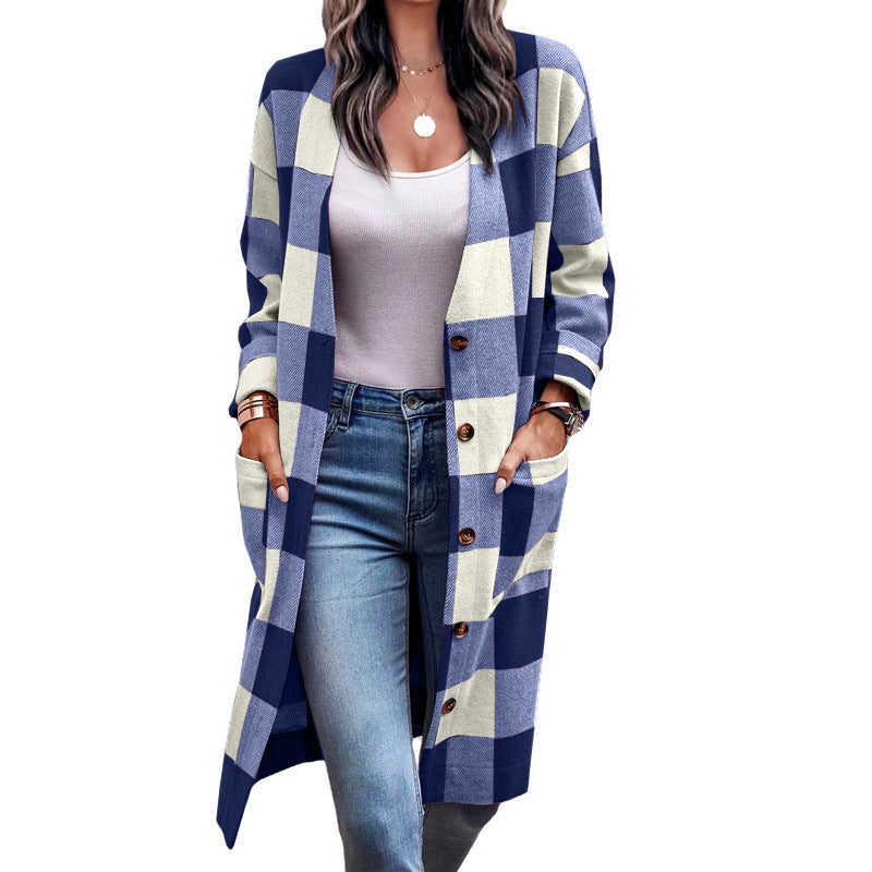 WW | Langarm Karierter Taschen Lange Strickjacke
