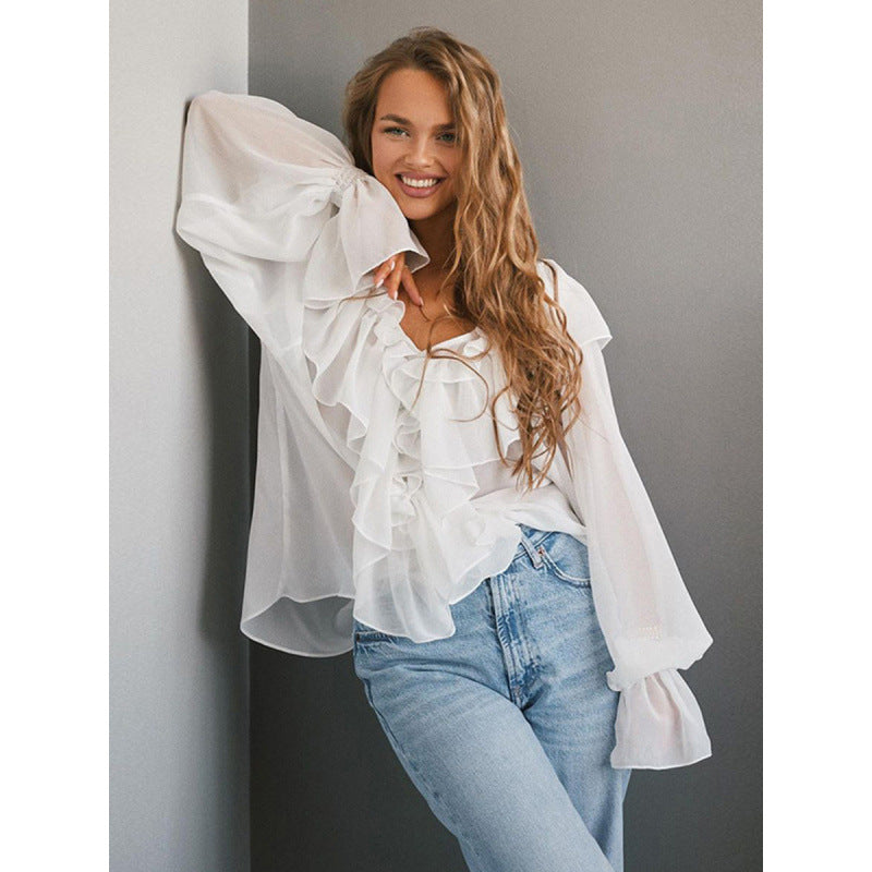 Damen Luftige Rüschenbluse aus Chiffon mit Oversize-Schnitten WW