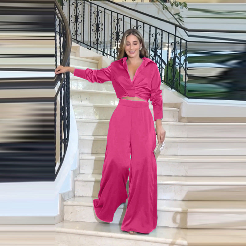 Damen raffinierter und eleganter Zweiteiler mit cropped Bluse und weit geschnittenen Hosen WW