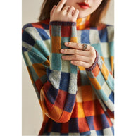 Damen Strickpullover mit modernem Karomuster und hohem Kragen WW