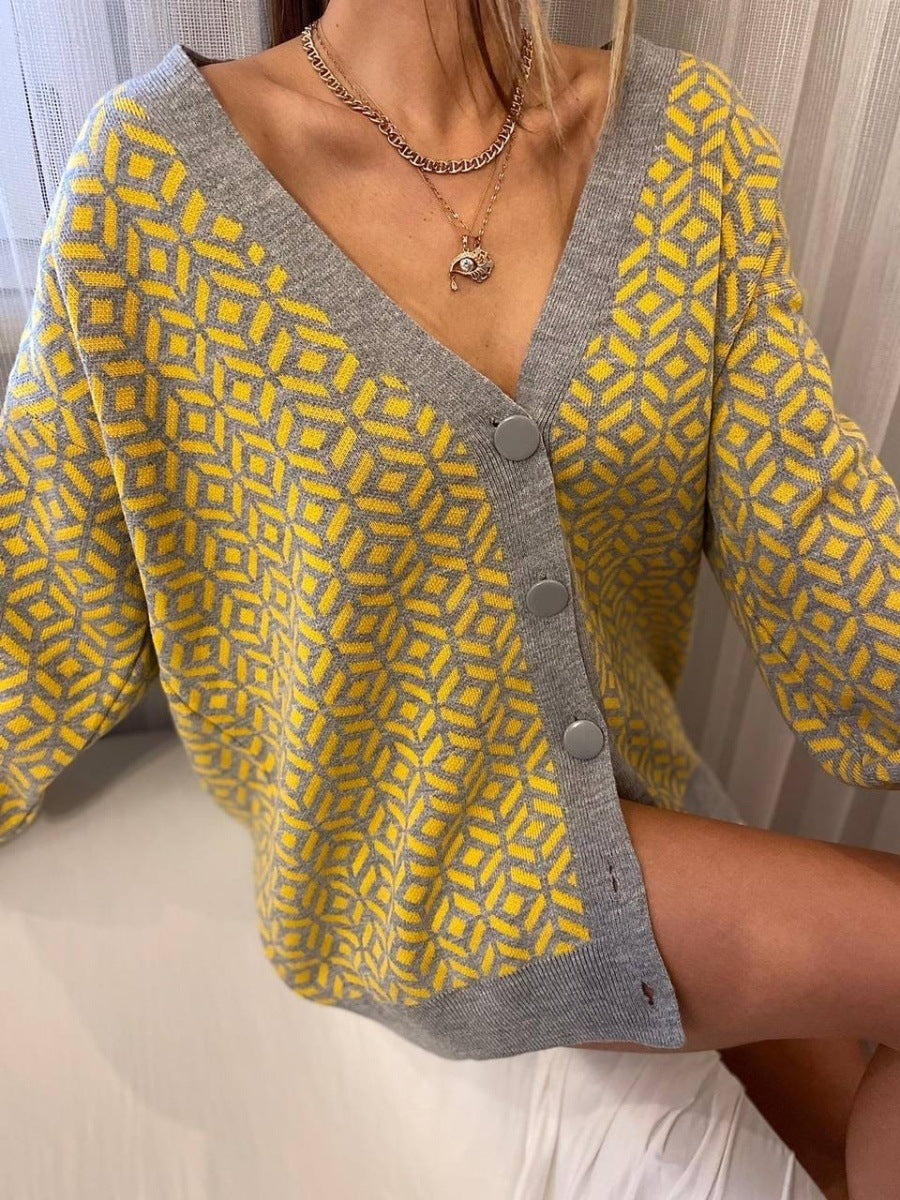 Damen Strick-Cardigan mit modernem geometrischen Muster und praktischen Taschen WW