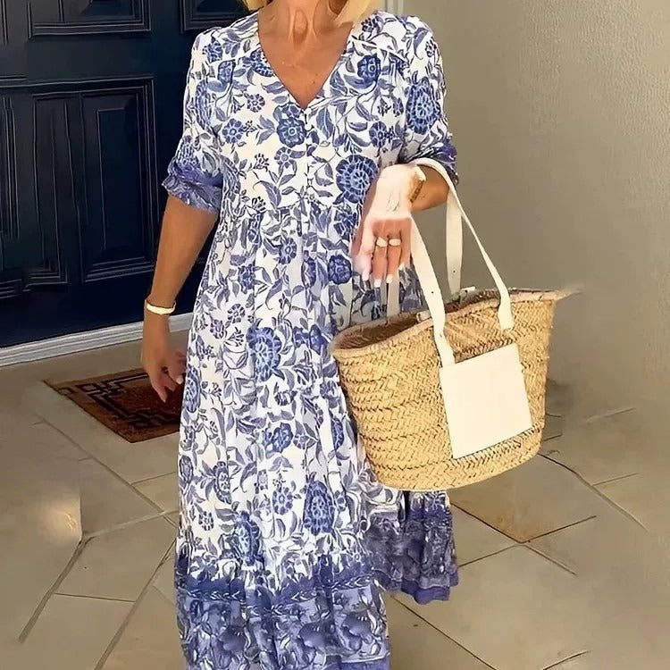 W&W Mode | Dreiviertelärmeliges langes floral gefärbtes Tie-Dye Druckkleid