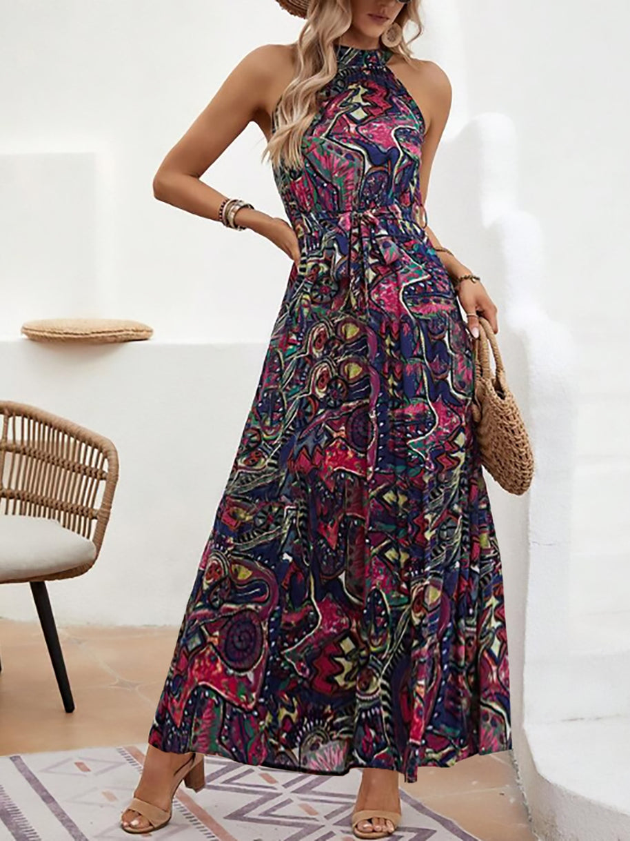 Damen Maxikleid im Boho-Stil mit hohem Kragen und Bindegürtel WW