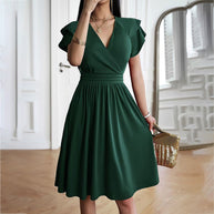 WW | V-neck Solid Color Short Sleeve Dress for Women