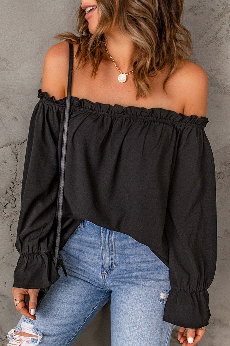 Damen schickes Off-Shoulder Oberteil mit Rüschendetails und elastischen Bündchen WW