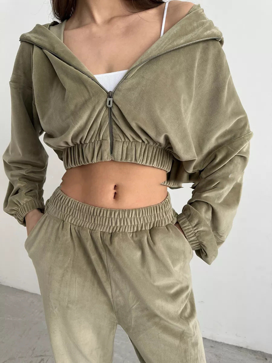 Damen sportliche Veloursjacke mit elastischen Bündchen und Reißverschluss WW