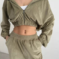 Damen sportliche Veloursjacke mit elastischen Bündchen und Reißverschluss WW