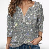 Damen Glitzernde Zip-Bluse mit 3/4-Ärmeln WW