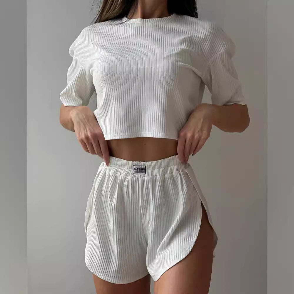 Damen lässiges Short-Pyjama-Set aus atmungsaktiver Rippstruktur WW