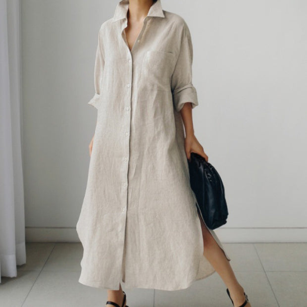 Damen Hemdkleid aus leichtem Leinen mit praktischen Seitenschlitzen WW