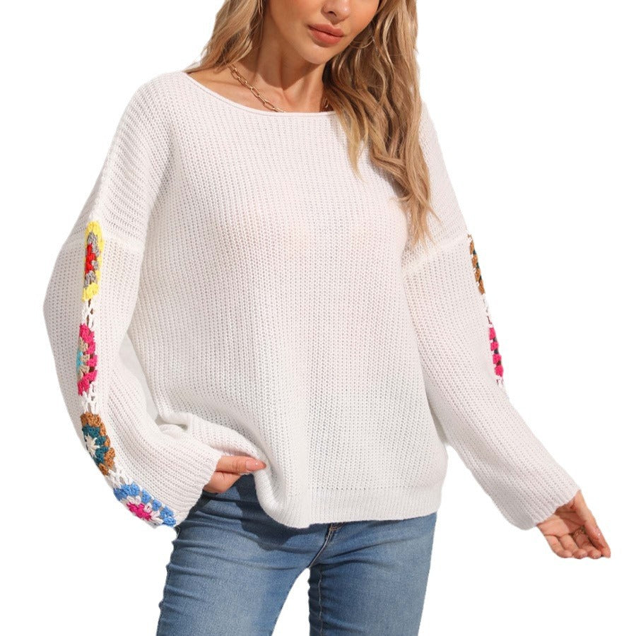 Damen eleganter Pullover mit bunten Häkelapplikationen an den Ärmeln WW