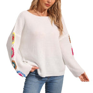 Damen eleganter Pullover mit bunten Häkelapplikationen an den Ärmeln WW