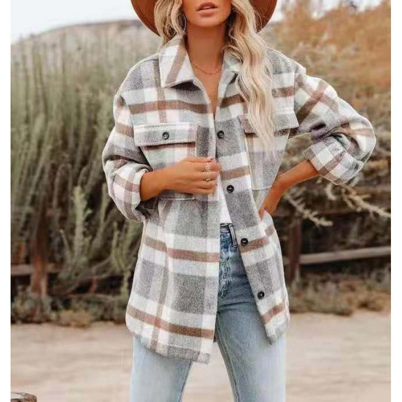 Damen Karobluse mit oversized Schnitt und Taschen WW