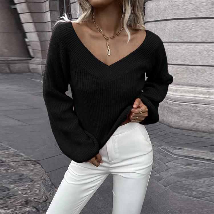 Damen Strickpullover mit V-Ausschnitt und weitem Ärmel WW