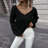 Damen Strickpullover mit V-Ausschnitt und weitem Ärmel WW