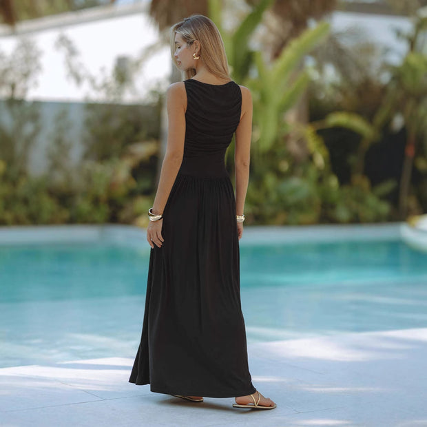 Damen Maxikleid mit figurbetontem Oberteil und fließendem Rock WW