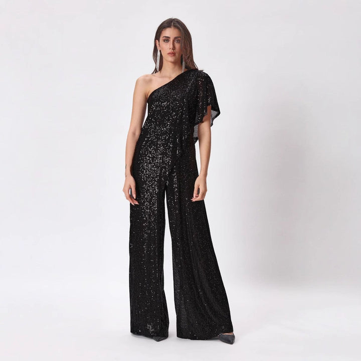 Damen Einseitiger Pailletten Jumpsuit mit weiter Hose W&W Mode