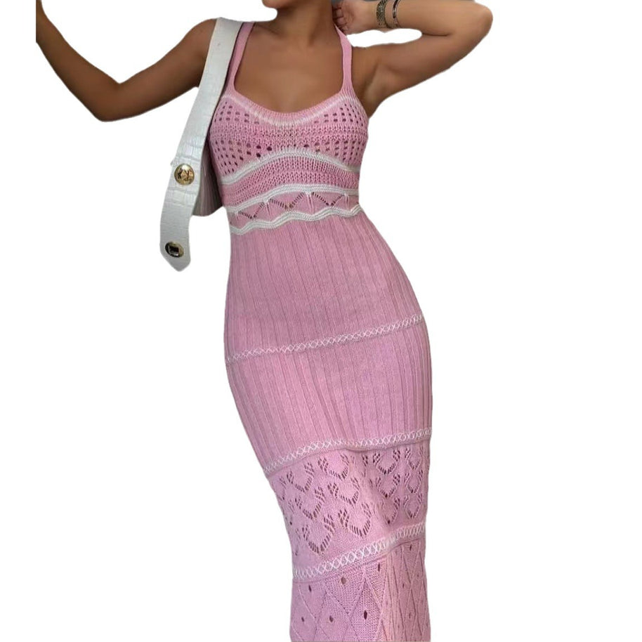 Damen Strick-Maxikleid mit raffinierten Häkelmustern und seitlichem Schlitz WW