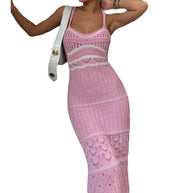 Damen Strick-Maxikleid mit raffinierten Häkelmustern und seitlichem Schlitz WW