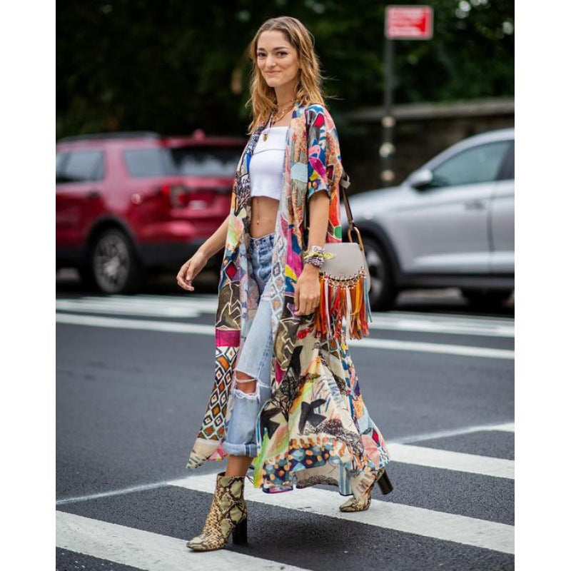Damen Kimono mit buntem Patchwork-Design und fließendem Stoff WW