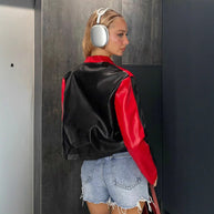 Damen sportliche Kunstlederjacke mit dekorativen Streifen WW