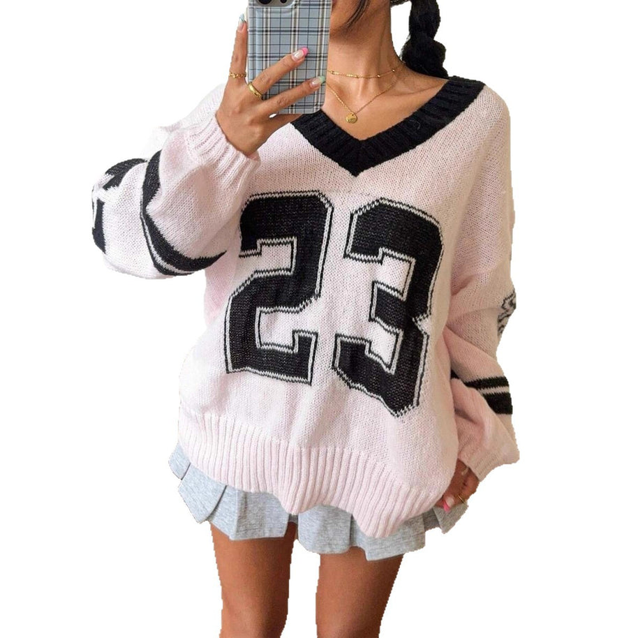 Damen Sportlicher V-Ausschnitt Pullover im lässigen College-Stil WW