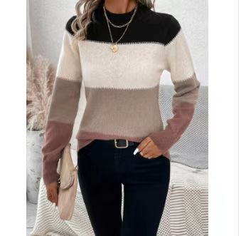 Damen Rundhals Strickpullover mit modernen Farbkombinationen WW