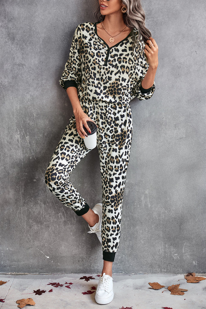 Damen Leo-Print Jogginganzug mit breitem Taillenbund und modischen Bündchen WW
