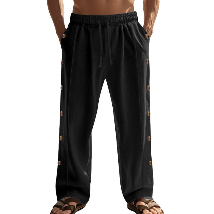 Herren nan entspannte Leinen-Relaxhose mit seitlicher Knopfleiste elastischem Bund und Eingrifftaschen W&W Mode