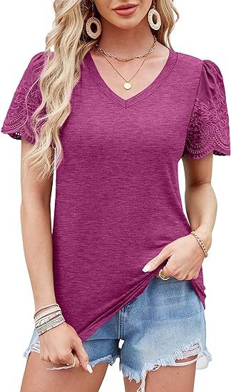 Damen V-Ausschnitt T-Shirt mit Spitzenärmeln WW