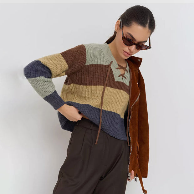 Damen Strickpullover mit lässigem V-Ausschnitt und dekorativem Schnürdetail WW