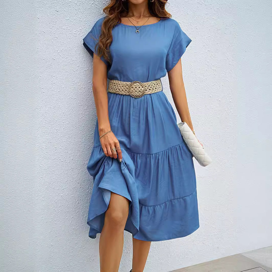 Damen lässiges Midi-Kleid mit elegantem Volant und taillierbarem Gürtel WW
