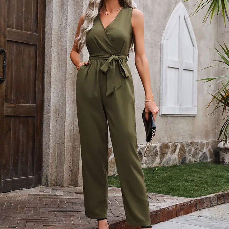 Damen eleganter Wickel-Jumpsuit mit Taillengürtel W&W Mode