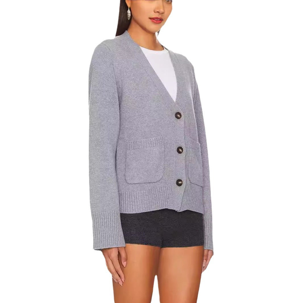 Damen Strickjacke mit V-Ausschnitt und großen Taschen WW