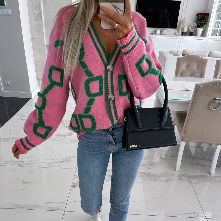 Damen Strickjacke mit grafischem Muster und V-Ausschnitt WW