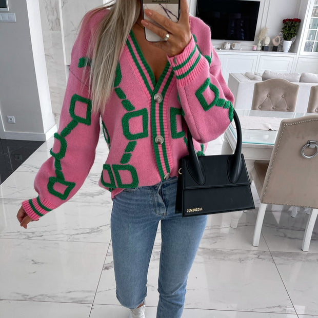 Damen Strickjacke mit grafischem Muster und V-Ausschnitt WW