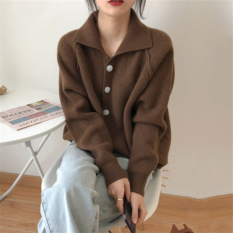 Damen bequemer Strickcardigan mit klassischem Kragen und Knopfverschluss WW