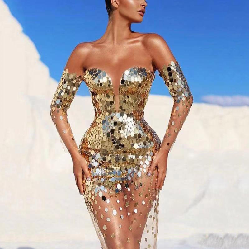 Damen Glamouröses Partykleid mit Pailletten und tiefem Ausschnitt WW