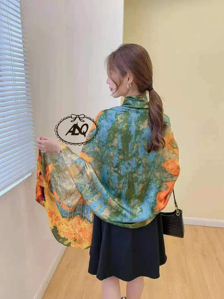 Damen Eleganter Seidenschal mit kunstvollem Landschaftsmuster und luxuriösem Glanz WW