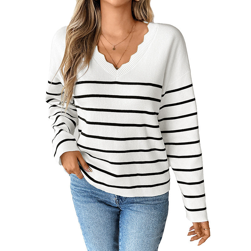 Damen Strickpullover mit V-Ausschnitt und modischem Streifenmuster WW