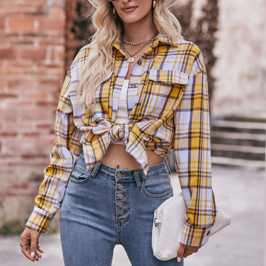 Damen kariertes Hemd mit knopfbarem Frontdesign und lässigem Knoten-Detail WW
