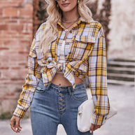 Damen kariertes Hemd mit knopfbarem Frontdesign und lässigem Knoten-Detail WW