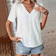 Damen Bluse mit dekorativem Lochmuster und elegantem V-Ausschnitt WW