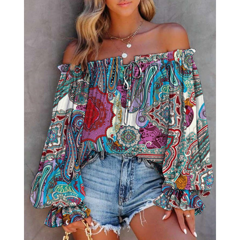 Damen Off-Shoulder Bluse mit buntem Muster und elastischem Saum WW
