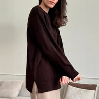 Damen Bequemer und eleganter Strickpullover mit seitlichem Schlitz WW