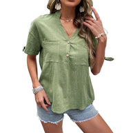 Damen Bluse mit knopfseitlichen Details und lässigem V-Ausschnitt WW