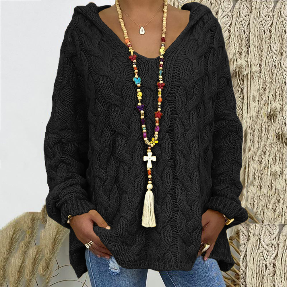 Damen Strickpullover mit Kapuze und Zopfmuster WW