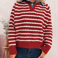 Damen Strickpullover mit tiefem V-Ausschnitt und markantem Streifenmuster WW