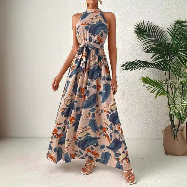Damen Maxikleid im Boho-Stil mit hohem Kragen und Bindegürtel WW
